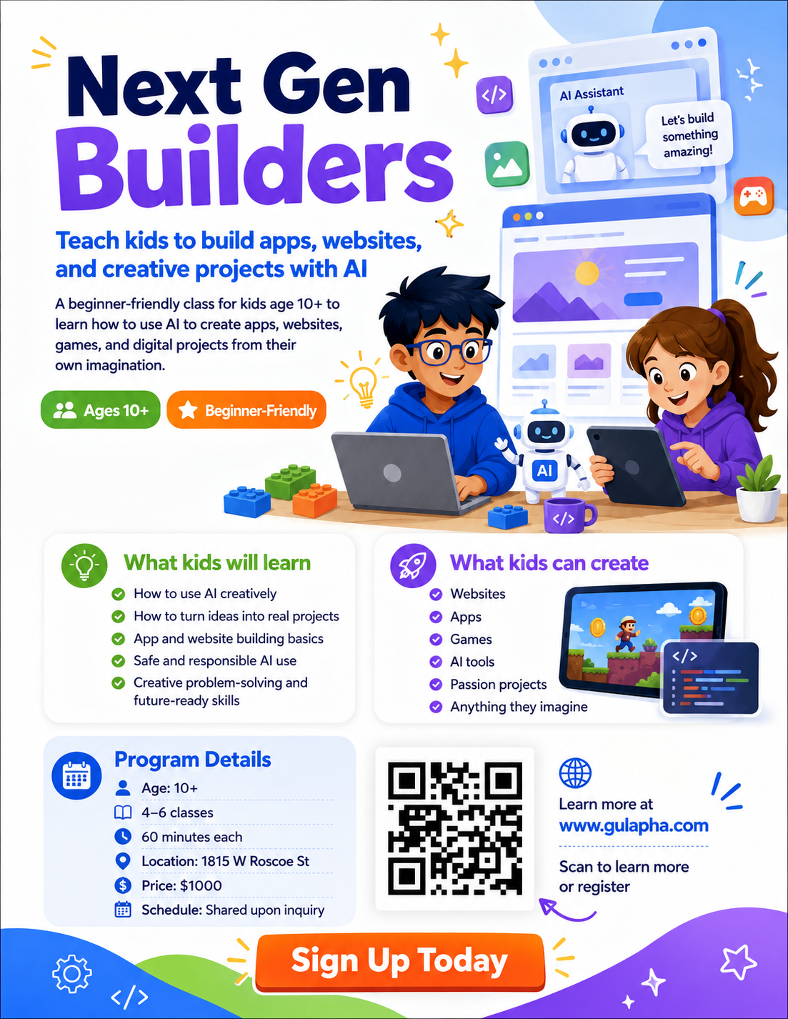 Next Gen Builders flyer for a kids AI class with program details